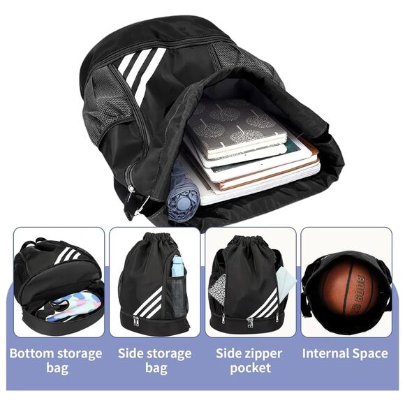Large Water Resistant Sports Backpack Gym Drawstring Bag Backpack, Black, White - Picture 4 of 7